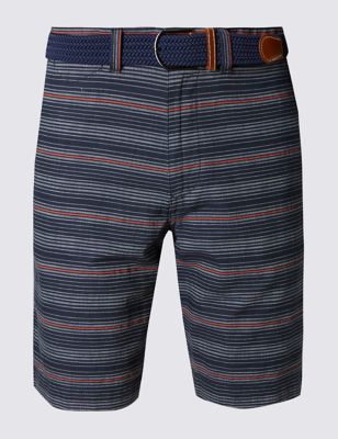 Pure Cotton Striped Chambray Shorts with Belt